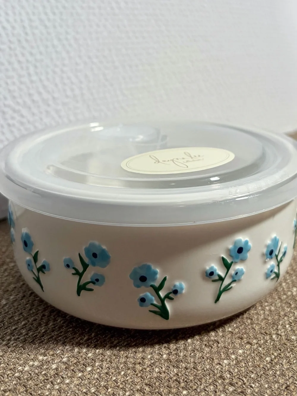 Ceramic Bowl with Venting Lid - Blue & Navy Floral Motif Textured Flower Design